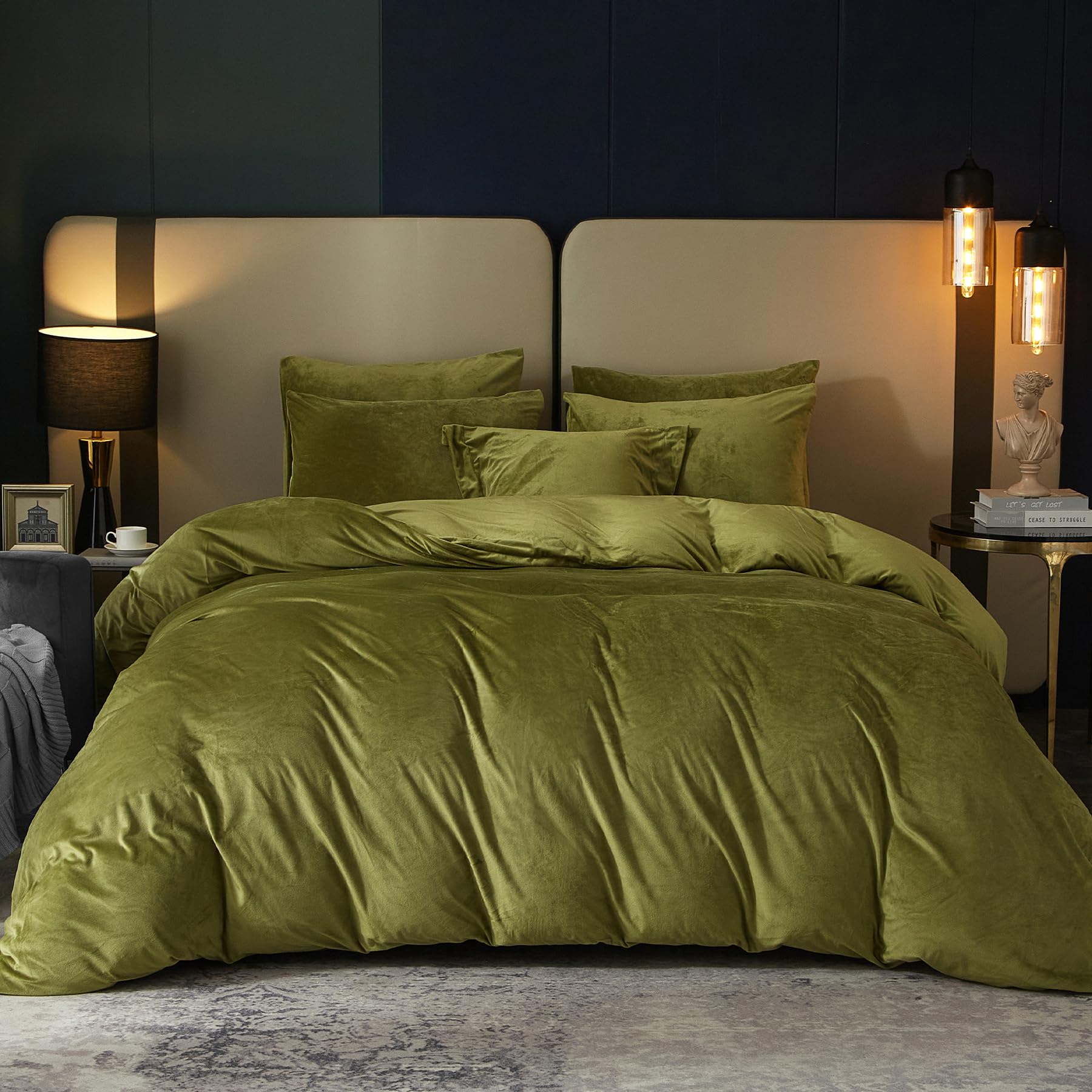 Se Softexly Velvet Olive Green Duvet Cover Queen Size, Soft Flannel Duvet Cover With Zipper Solid Breathable Silky Velour Comfor